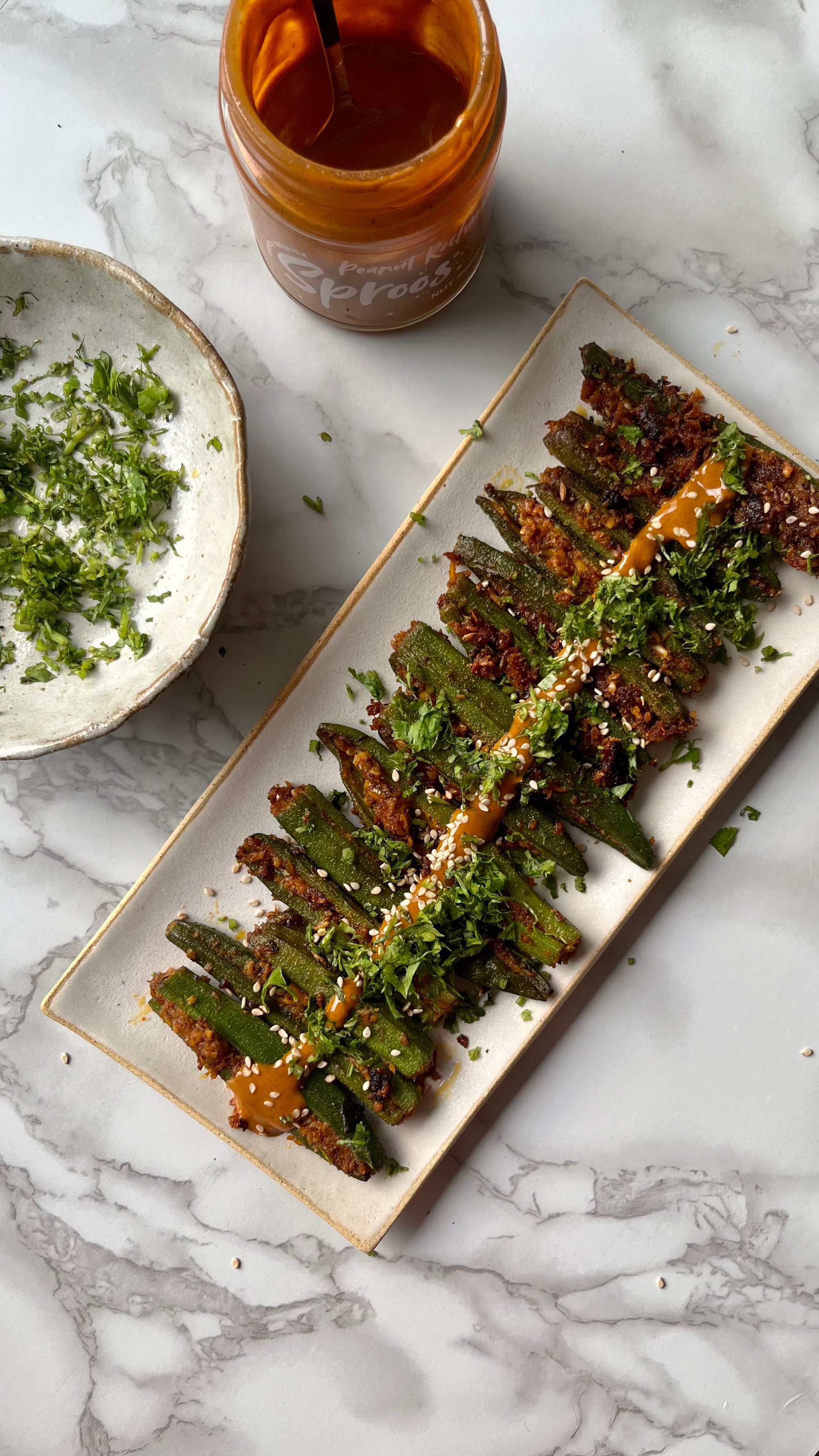 Bharwa Bhindi with Sproos’ Peanut Rechaedo Sauce