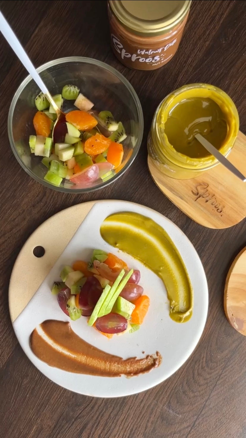 Fruit Platter with Sproos Walnut Date Sauce and Pistachio Rose Sauce