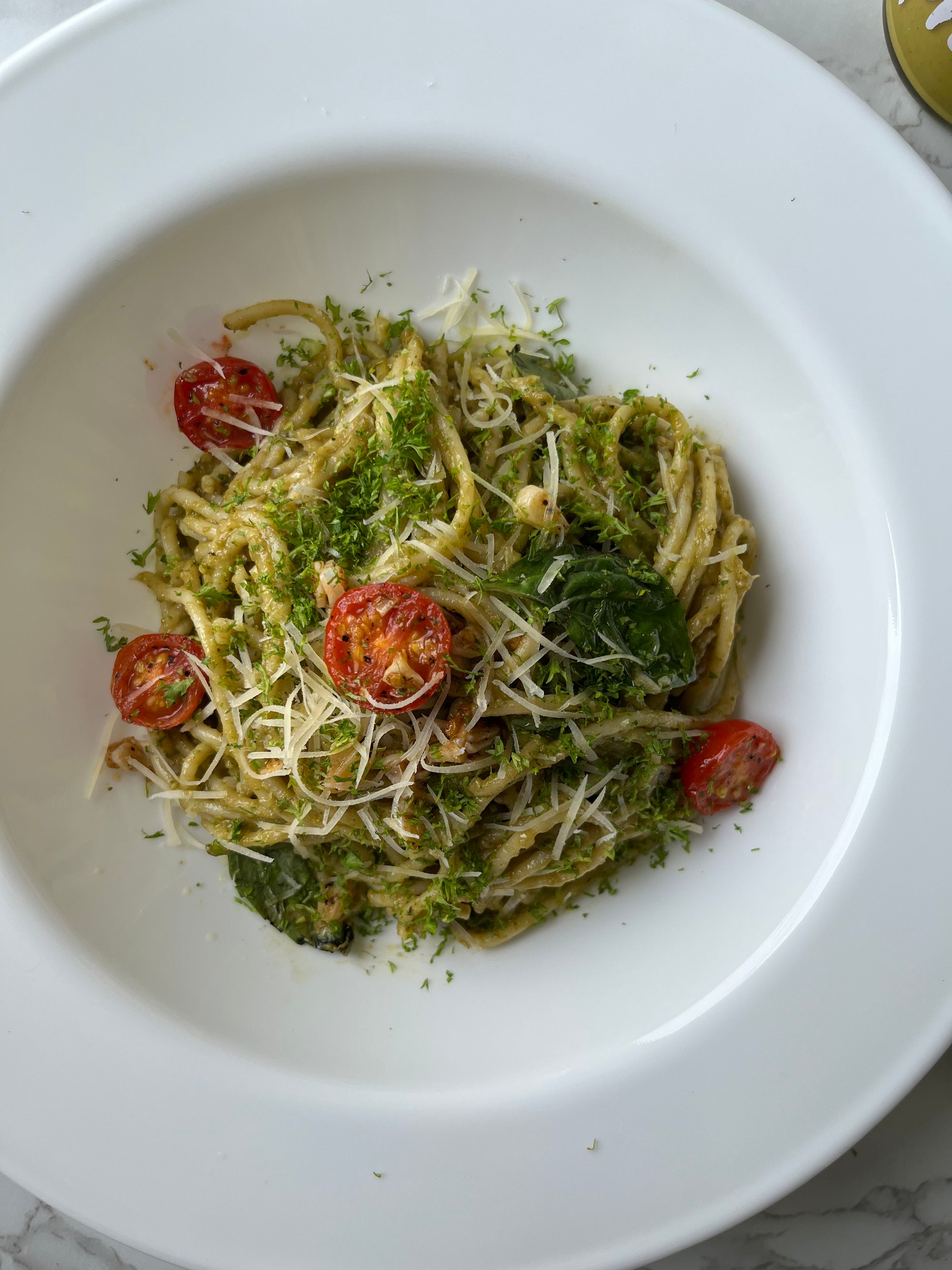 Basil Pesto Pistachio Spaghetti with Sproos Pistachio Rose Sauce