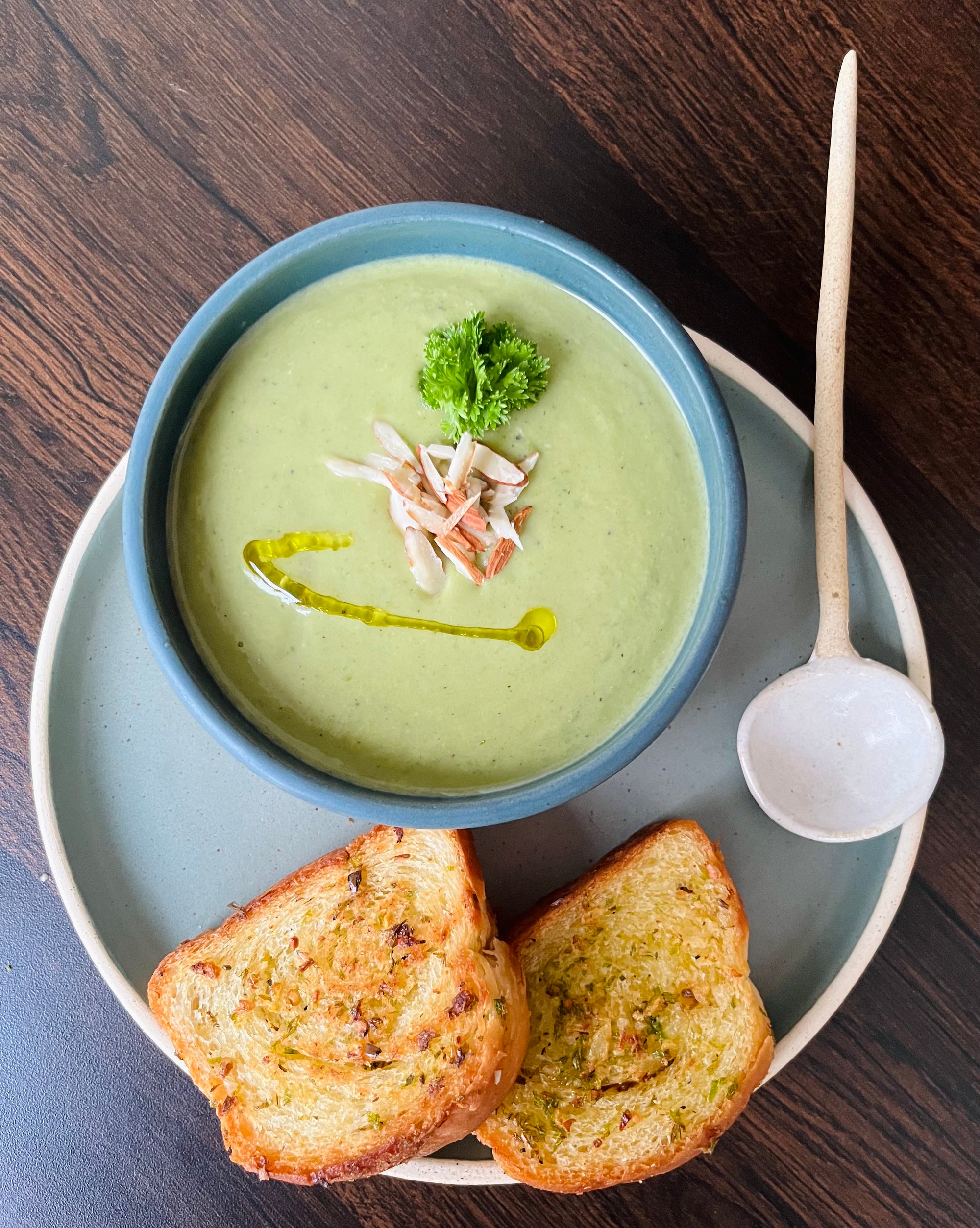 Almond Broccoli Soup with Sproos’ Almond Garlic Sauce