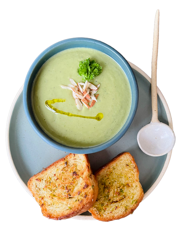 Almond Broccoli Soup with Sproos Almond Garlic Sauce